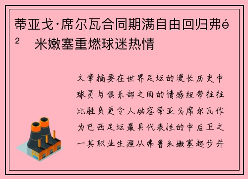蒂亚戈·席尔瓦合同期满自由回归弗鲁米嫩塞重燃球迷热情